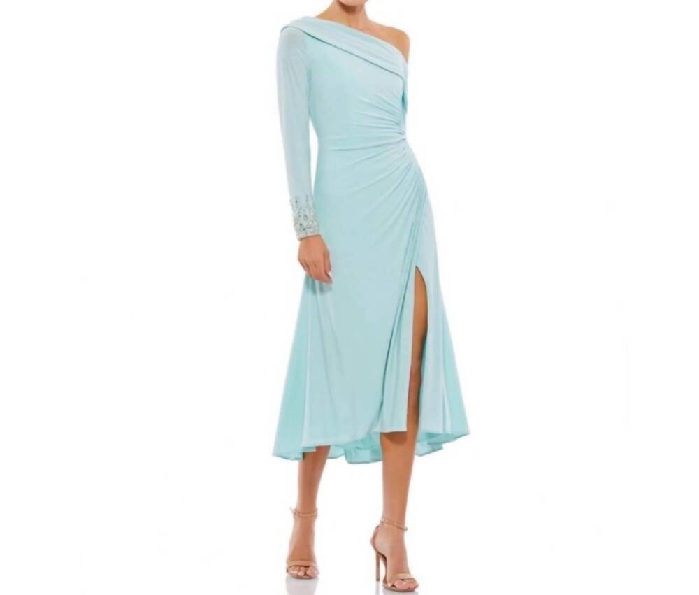 NEW MAC DUGGAL jeweled one-shoulder midi dress in powder blue